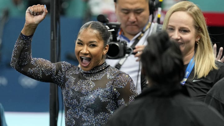 Jul 28, 2024: Jordan Chiles of the United States reacts after performing on the beam in women's qualification during the Paris 2024 Olympic Summer Games at Bercy Arena.