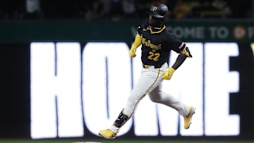 Pittsburgh Pirates designated hitter Andrew McCutchen (22) circles the bases on a three-run home run against the Miami Marlins during the fifth inning at PNC Park. 