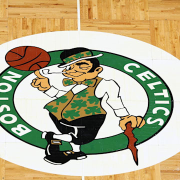 Apr 3, 2022; Boston, Massachusetts, USA; The Boston Celtics logo is seen on the parquet floor at center court before the game between the Boston Celtics and the Washington Wizards at TD Garden. Mandatory Credit: Winslow Townson-Imagn Images