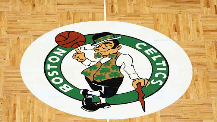 Apr 3, 2022; Boston, Massachusetts, USA; The Boston Celtics logo is seen on the parquet floor at center court before the game between the Boston Celtics and the Washington Wizards at TD Garden. Mandatory Credit: Winslow Townson-Imagn Images