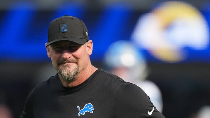 Dec 14, 2025; Inglewood, California, USA; Detroit Lions head coach Dan Campbell is seen during warmups prior to the game against the Los Angeles Rams at SoFi Stadium. Mandatory Credit: Kirby Lee-Imagn Images