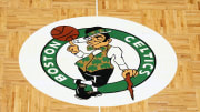 Apr 3, 2022; Boston, Massachusetts, USA; The Boston Celtics logo is seen on the parquet floor at