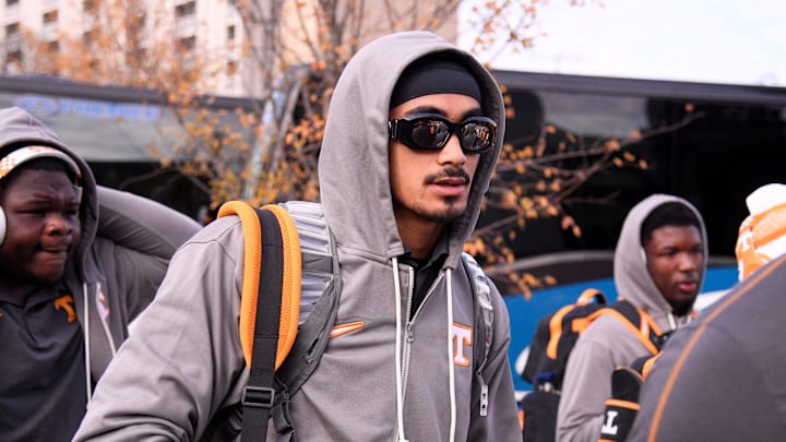 Tennessee Volunteers quarterback Nico Iamaleava (8) walks into stadium just prior to the start of the game against the Tennessee Volunteers at FirstBank Stadium.