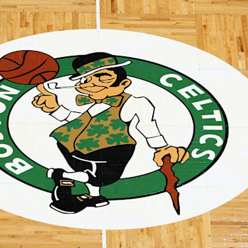 Apr 3, 2022; Boston, Massachusetts, USA; The Boston Celtics logo is seen on the parquet floor at center court before the game between the Boston Celtics and the Washington Wizards at TD Garden. Mandatory Credit: Winslow Townson-Imagn Images