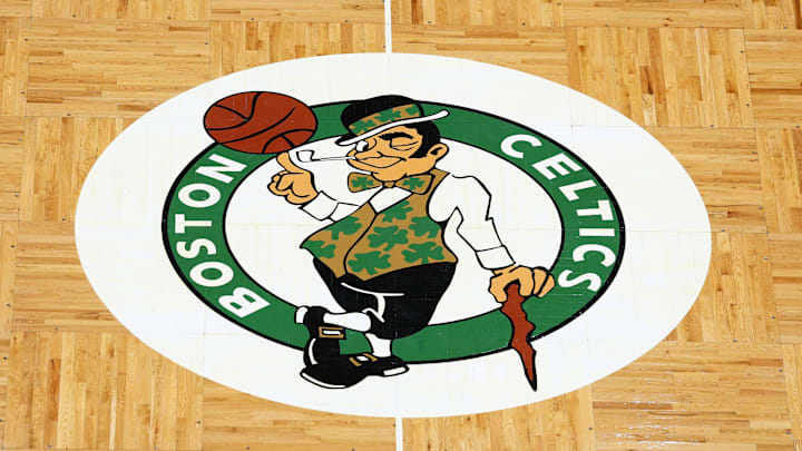 Apr 3, 2022; Boston, Massachusetts, USA; The Boston Celtics logo is seen on the parquet floor at center court before the game between the Boston Celtics and the Washington Wizards at TD Garden. Mandatory Credit: Winslow Townson-Imagn Images