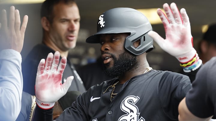 Sep 29, 2024; Detroit, Michigan, USA;  Chicago White Sox third baseman Bryan Ramos (44) receives congratulations from teammates after scoring in the second inning against the Detroit Tigers at Comerica Park. Mandatory Credit: Rick Osentoski-Imagn Images