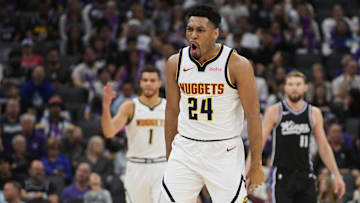 Denver Nuggets guard Jalen Pickett celebrates after making a 3-pointer against the Sacramento Kings.