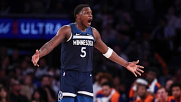 Oct 13, 2024; New York, New York, USA; Minnesota Timberwolves guard Anthony Edwards (5) reacts after making a basket against the New York Knicks during the first half at Madison Square Garden. Mandatory Credit: Vincent Carchietta-Imagn Images