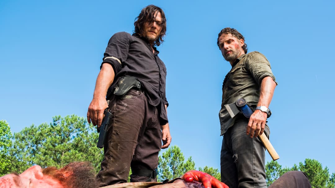 Charles Halford as Yago, Norman Reedus as Daryl Dixon, Andrew Lincoln as Rick Grimes - The Walking Dead _ Season 8, Episode 5 - Photo Credit: Gene Page/AMC Charles Halford as Yago, Norman Reedus as Daryl Dixon, Andrew Lincoln as Rick Grimes - The Walking Dead _ Season 8, Episode 5 - Photo Credit: Gene Page/AMC