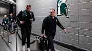 Michigan State head coach Tom Izzo arrives before NCAA tournament West Region first round against Mississippi State at Spectrum Center in Charlotte, N.C. on Thursday, March 21, 2024.