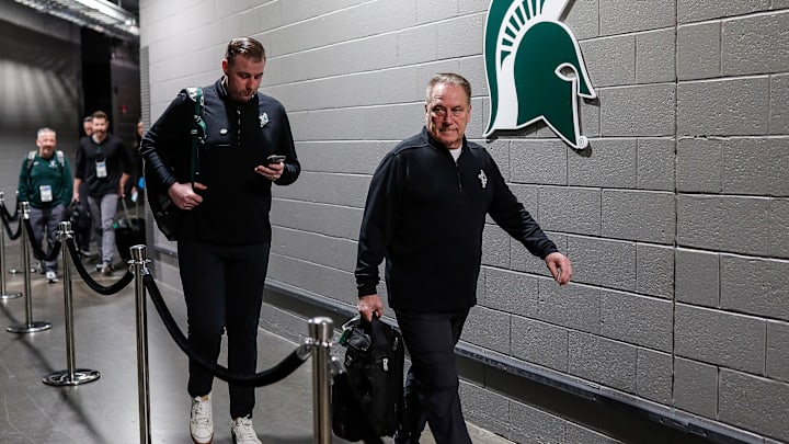 Michigan State head coach Tom Izzo arrives before NCAA tournament West Region first round against Mississippi State at Spectrum Center in Charlotte, N.C. on Thursday, March 21, 2024.