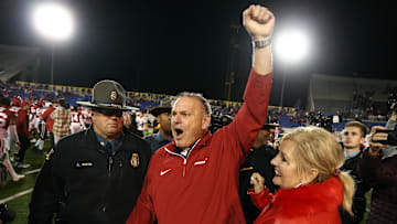 Dec 27, 2024; Memphis, TN, USA; Arkansas Razorbacks head coach Sam Pittman reacts after defeating the Texas Tech Red Raiders at Simmons Bank Liberty Stadium. Mandatory Credit: Petre Thomas-Imagn Images