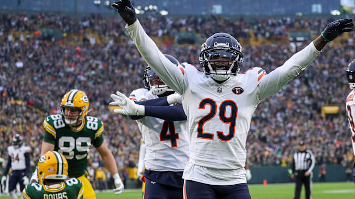 Chicago Bears cornerback Tyrique Stevenson (29) celebrates after breaking up a pass intended for the Packers' Romeo Doubs. Chicago Bears cornerback Tyrique Stevenson (29) celebrates after breaking up a pass intended for the Packers' Romeo Doubs.