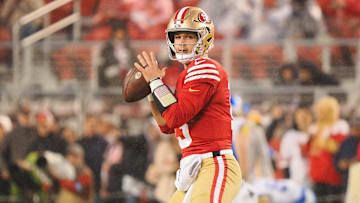 Dec 12, 2024; Santa Clara, California, USA; San Francisco 49ers quarterback Brock Purdy (13) warms up before the game against the Los Angeles Rams at Levi's Stadium.