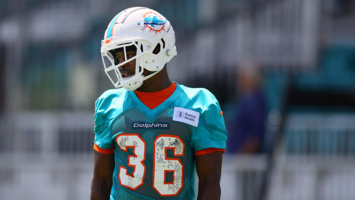 Miami Dolphins cornerback Storm Duck (36) works out during mandatory minicamp at Baptist Health Training Complex.