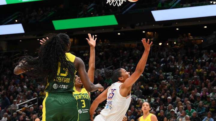May 23, 2025; Seattle, Washington, USA; Phoenix Mercury forward Alyssa Thomas (25) shoots the ball after being fouled during the second half against the against the Seattle Storm at Climate Pledge Arena. Mandatory Credit: Steven Bisig-Imagn Images May 23, 2025; Seattle, Washington, USA; Phoenix Mercury forward Alyssa Thomas (25) shoots the ball after being fouled during the second half against the against the Seattle Storm at Climate Pledge Arena. Mandatory Credit: Steven Bisig-Imagn Images