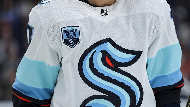 Oct 16, 2021; Columbus, Ohio, USA; The inaugural season patch and team logo are seen on the jersey worn by a member of the Seattle Kraken during a stop in play against the Columbus Blue Jackets in the second period at Nationwide Arena. 