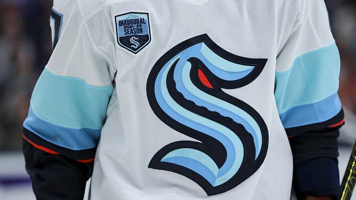 Oct 16, 2021; Columbus, Ohio, USA; The inaugural season patch and team logo are seen on the jersey worn by a member of the Seattle Kraken during a stop in play against the Columbus Blue Jackets in the second period at Nationwide Arena. 