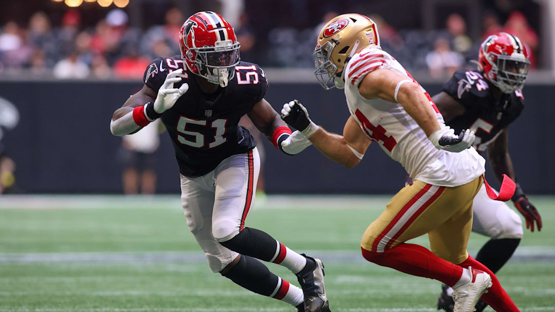 Oct 16, 2022; Atlanta, Georgia, USA; Atlanta Falcons linebacker DeAngelo Malone (51) defends San Francisco 49ers fullback Kyle Juszczyk (44) in the second half at Mercedes-Benz Stadium.