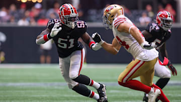 Oct 16, 2022; Atlanta, Georgia, USA; Atlanta Falcons linebacker DeAngelo Malone (51) defends San Francisco 49ers fullback Kyle Juszczyk (44) in the second half at Mercedes-Benz Stadium.