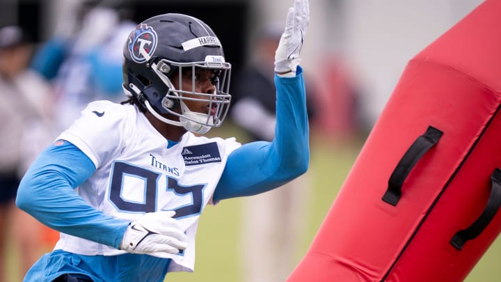 Tennessee Titans seventh-round draft pick Jaylen Harrell (92) participates in rookie minicamp at Ascension Saint Thomas Sports Park in Nashville, Tenn., Friday, May 10, 2024.