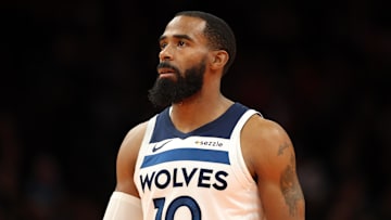 Nov 21, 2025; Phoenix, Arizona, USA; Minnesota Timberwolves guard Mike Conley (10) against the Phoenix Suns during an NBA Cup game at Mortgage Matchup Center. Mandatory Credit: Mark J. Rebilas-Imagn Images