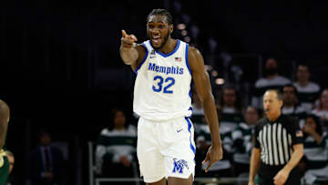 Mar 16, 2025; Fort Worth, TX, USA;  Memphis Tigers center Moussa Cisse (32) reacts against the UAB Blazers during the second half at Dickies Arena. Mandatory Credit: Chris Jones-Imagn Images