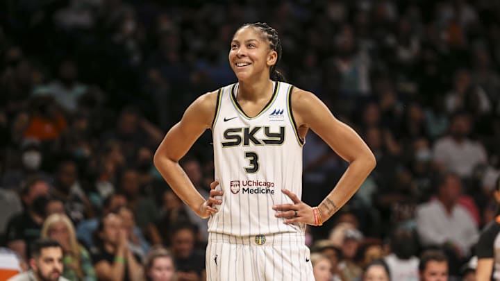 Aug 23, 2022; Brooklyn, New York, USA; Chicago Sky forward Candace Parker (3) reacts after being called for a foul in the third quarter against the New York Liberty at Barclays Center. Mandatory Credit: Wendell Cruz-Imagn Images