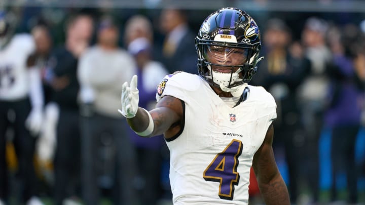 Oct 15, 2023; London, United Kingdom;  Baltimore Ravens wide receiver Zay Flowers (4) celebrates as he scores a touchdown during the first half of an NFL International Series game at Tottenham Hotspur Stadium. Mandatory Credit: Peter van den Berg-USA TODAY Sports