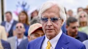 May 17, 2025; Baltimore, Maryland, USA; Bob Baffert, an American racehorse trainer, crosses the track prior to the running of the 150th Preakness stakes. Mandatory Credit: Tommy Gilligan-Imagn Images
