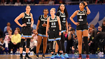May 29, 2025; Chicago, Illinois, USA; Chicago Sky guard Rebecca Allen (9), guard Ariel Atkins (7), guard Courtney Vandersloot (22), center Kamilla Cardoso (10), and forward Angel Reese (5) are seen during the first half against the Dallas Wings at the Wintrust Arena. Mandatory Credit: Patrick Gorski-Imagn Images