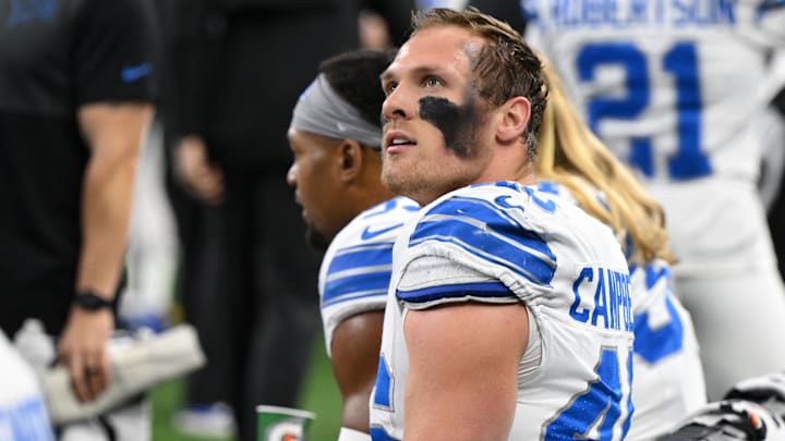 Dec 4, 2025; Detroit, Michigan, USA; Detroit Lions linebacker Jack Campbell (46) during the first half against the Dallas Cowboys at Ford Field. Mandatory Credit: Lon Horwedel-Imagn Images