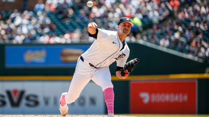 Detroit Tigers pitcher Jack Flaherty throws against Houston Astros during the first inning at Comerica Park in Detroit on Sunday, May 12, 2024.