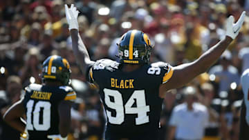 Iowa’s Yahya Black (94) motions for the crowd to get loud against Iowa State during the CyHawk game Saturday, Sept. 7, 2024 at Kinnick Stadium in Iowa City, Iowa.