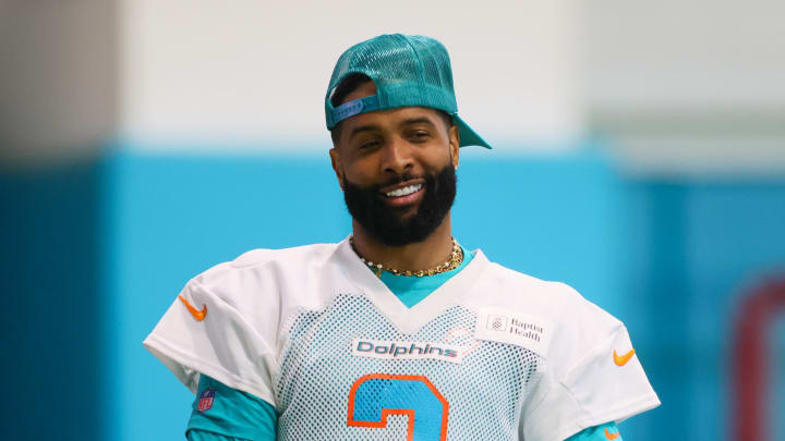 Jun 5, 2024; Miami Gardens, FL, USA; Miami Dolphins wide receiver Odell Beckham Jr. (3) looks on during mandatory minicamp at Baptist Health Training Complex. 