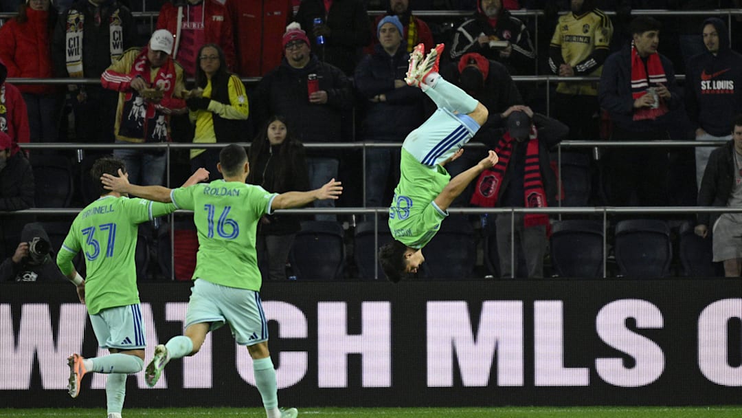 Mar 7, 2026; St. Louis, Missouri, USA; Seattle Sounders FC midfielder Kalani Kossa-Rienzi (85) celebrates after scoring a goal against St. Louis City SC in the second half at Energizer Park. Mandatory Credit: Joe Puetz-Imagn Images Mar 7, 2026; St. Louis, Missouri, USA; Seattle Sounders FC midfielder Kalani Kossa-Rienzi (85) celebrates after scoring a goal against St. Louis City SC in the second half at Energizer Park. Mandatory Credit: Joe Puetz-Imagn Images
