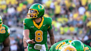 Aug 31, 2024; Eugene, Oregon, USA; Oregon Ducks quarterback Dillon Gabriel (8) surveys the defense during the third quarter against the Idaho Vandals at Autzen Stadium. Mandatory Credit: Craig Strobeck-USA TODAY Sports