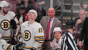 Mar 26, 2024; Sunrise, Florida, USA; Boston Bruins head coach Jim Montgomery looks on during the third period against the Florida Panthers at Amerant Bank Arena. Mandatory Credit: Jim Rassol-Imagn Images