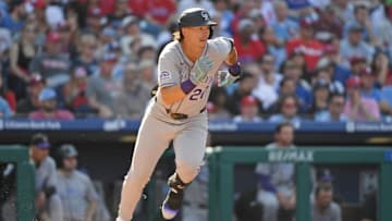 Mar 31, 2025; Philadelphia, Pennsylvania, USA; Colorado Rockies outfielder Jordan Beck (27) against the Philadelphia Phillies at Citizens Bank Park. Mandatory Credit: Eric Hartline-Imagn Images