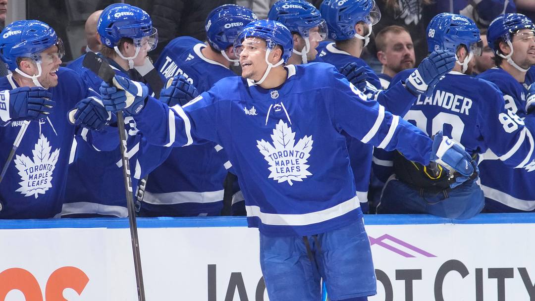 Mar 25, 2026; Toronto, Ontario, CAN; Toronto Maple Leafs forward Dakota Joshua (81) celebrates his goal against the New York Rangers during the second period at Scotiabank Arena. Mandatory Credit: John E. Sokolowski-Imagn Images