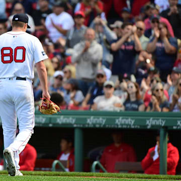 Sep 8, 2024; Boston, Massachusetts, USA;  Boston Red Sox starting pitcher Richard Fitts (80) walks to the dugout after being relieved during the sixth inning against the Chicago White Sox at Fenway Park. Mandatory Credit: Bob DeChiara-Imagn Images