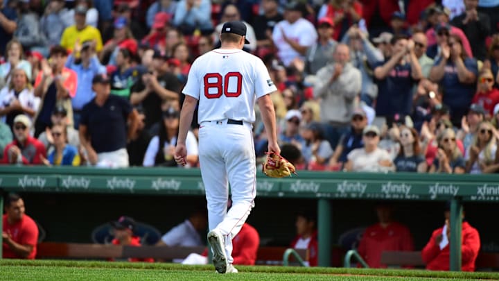 Sep 8, 2024; Boston, Massachusetts, USA;  Boston Red Sox starting pitcher Richard Fitts (80) walks to the dugout after being relieved during the sixth inning against the Chicago White Sox at Fenway Park. Mandatory Credit: Bob DeChiara-Imagn Images