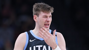 Dec 7, 2025; Salt Lake City, Utah, USA; Utah Jazz forward Kyle Filipowski (22) reacts after a play against the Oklahoma City Thunder during the second half at Delta Center. Mandatory Credit: Rob Gray-Imagn Images