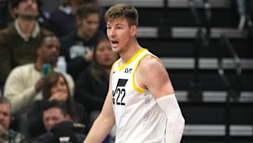 Nov 16, 2024; Sacramento, California, USA; Utah Jazz forward Kyle Filipowski (22) reacts after scoring against the Sacramento Kings during the second quarter at Golden 1 Center. Mandatory Credit: Darren Yamashita-Imagn Images