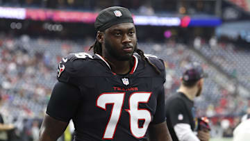 Sep 29, 2024; Houston, Texas, USA; Houston Texans guard Kenyon Green (76) during the game against the Jacksonville Jaguars at NRG Stadium. Mandatory Credit: Troy Taormina-Imagn Images