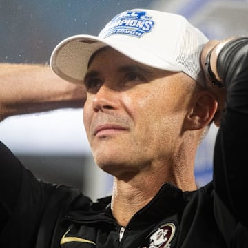 Florida State Seminoles head coach Mike Norvell takes a second to soak in the moment. The Florida State Seminoles defeated the Louisville Cardinals 16-6 to claim the ACC Championship title in Charlotte, North Carolina on Saturday, Dec. 2, 2023.
