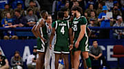 Jan 22, 2022; Colorado Springs, Colorado, USA; Colorado State Rams head coach Niko Medved talks with guard Chandler Jacobs (13) and guard Isaiah Stevens (4) and forward Dischon Thomas (11) and guard Kendle Moore (3) and guard David Roddy (21) in the second half against the Air Force Falcons at Clune Arena. Mandatory Credit: Isaiah J. Downing-Imagn Images