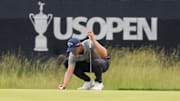 Jun 13, 2025; Oakmont, Pennsylvania, USA; Thomas Detry lines up his putt on the seventh green during the second round of the U.S. Open golf tournament. Mandatory Credit: Charles LeClaire-Imagn Images