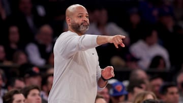 Jan 13, 2025; New York, New York, USA; Detroit Pistons head coach J.B. Bickerstaff coaches against the New York Knicks during the second quarter at Madison Square Garden. Mandatory Credit: Brad Penner-Imagn Images