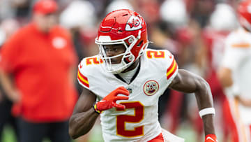 Aug 9, 2025; Glendale, Arizona, USA; Kansas City Chiefs wide receiver Tyquan Thornton (2) against the Arizona Cardinals during a preseason NFL game at State Farm Stadium. Mandatory Credit: Mark J. Rebilas-Imagn Images